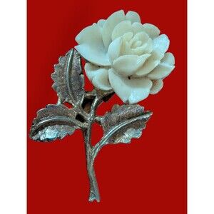Vintage AJC Brooch Floral Rose Carved Signed Gold Tone Leaves Intricate Detail